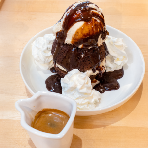 Brownie Sundae with Look s Vanilla Ice Cream, Chocolate Sauce, and Whip Cream. Add a shot of Espresso $3.00!