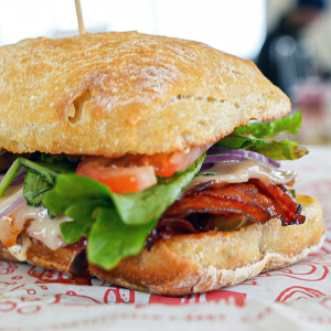 Pepperoni, salami, ham, hot giardiniera, mortadella, provolone cheese, lettuce, tomato, onion, pickle, and grainaise on a ciabatta. **contains tree nuts, wheat, egg, soy, dairy**