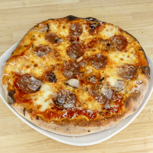 Fra  Diavlo Sauce, fresh mozzarella, Look s signature sopressata, italian sausage, grilled red onion, orange zest, fennel seed, basil