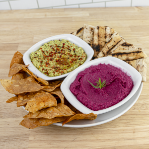 Feta Olive Dip, Roasted Beet Hummus, Served with Grilled Bread.