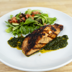Grilled Skuna Bay Salmon, Chermoula Sauce, Tossed Mixed Greens, Spiced Chickpeas, Tomato and Cucumber.