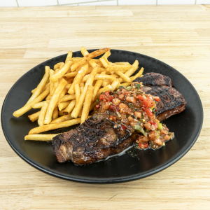 Summer Garden Chutney, Grilled 10oz NY Strip, Live Fire Fries.